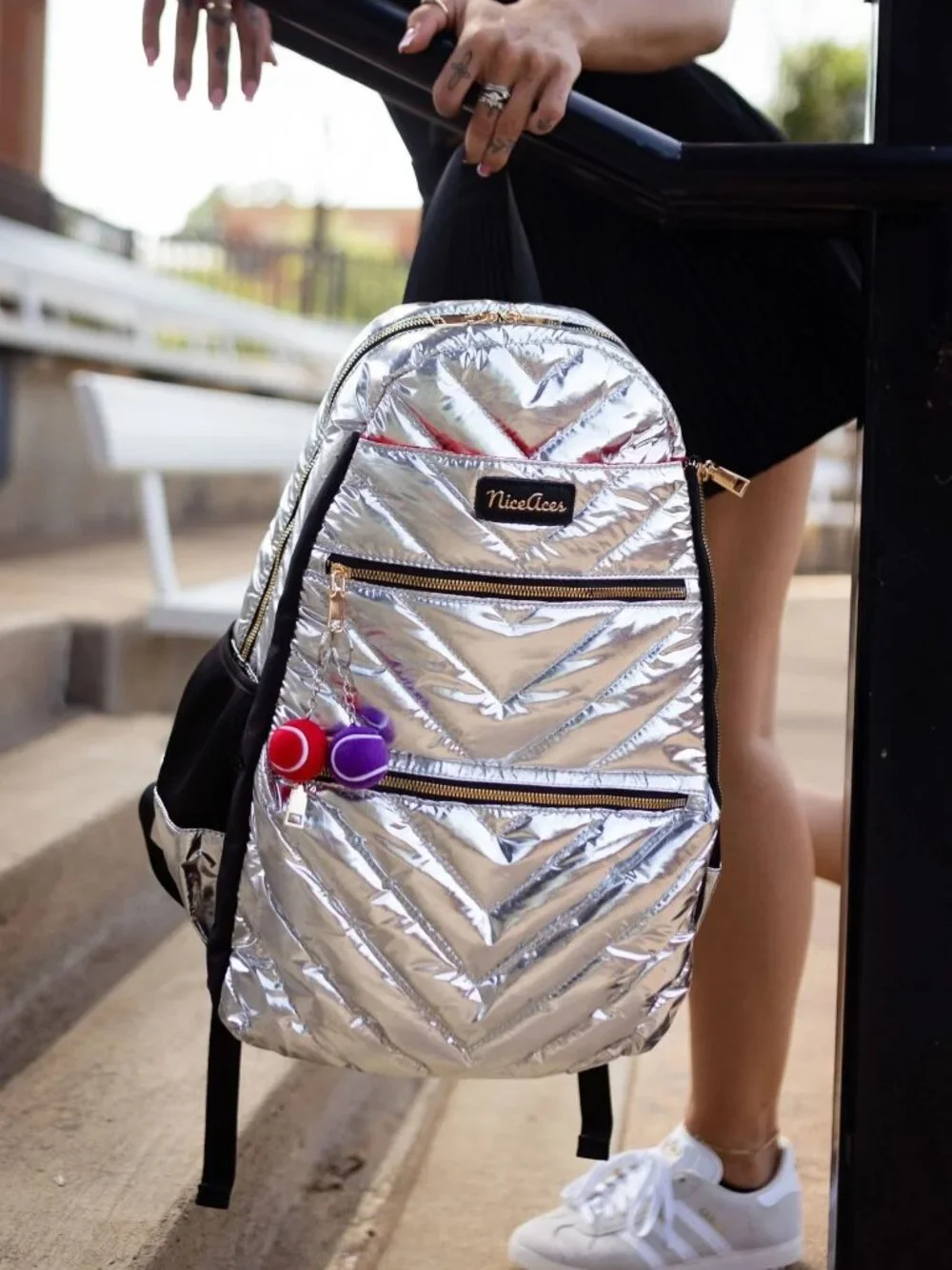 Nice Aces Emily Tennis Pickleball Backpack Silver Metal Zipper Waterproof NWT